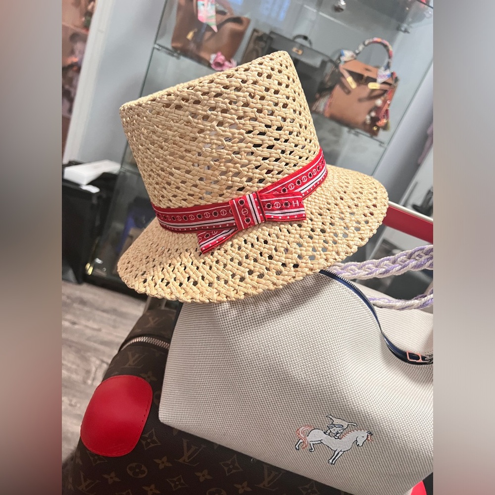 Hermes Adele Straw Hat Beige and Red Ribbon Size 56 Panama Hat